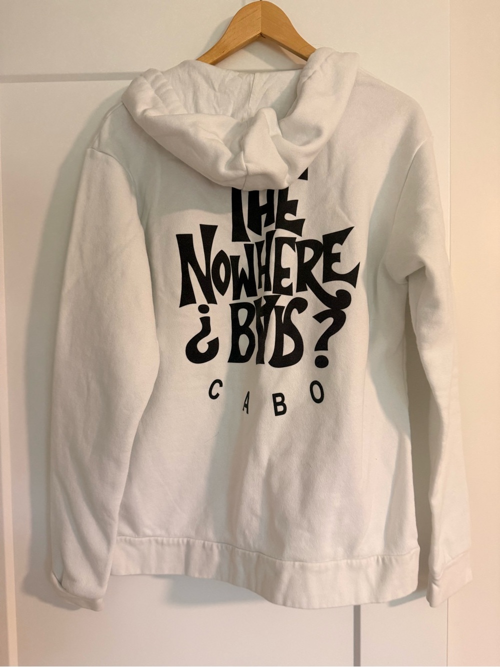 White Graphic Hoodie with Black 'The Nowhere? Bar? Cabo' Print